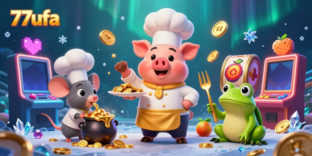 Experience thrilling gameplay at 77ufa with a colorful and dynamic casino scene featuring gold coins, vibrant slot reels, and engaging characters.