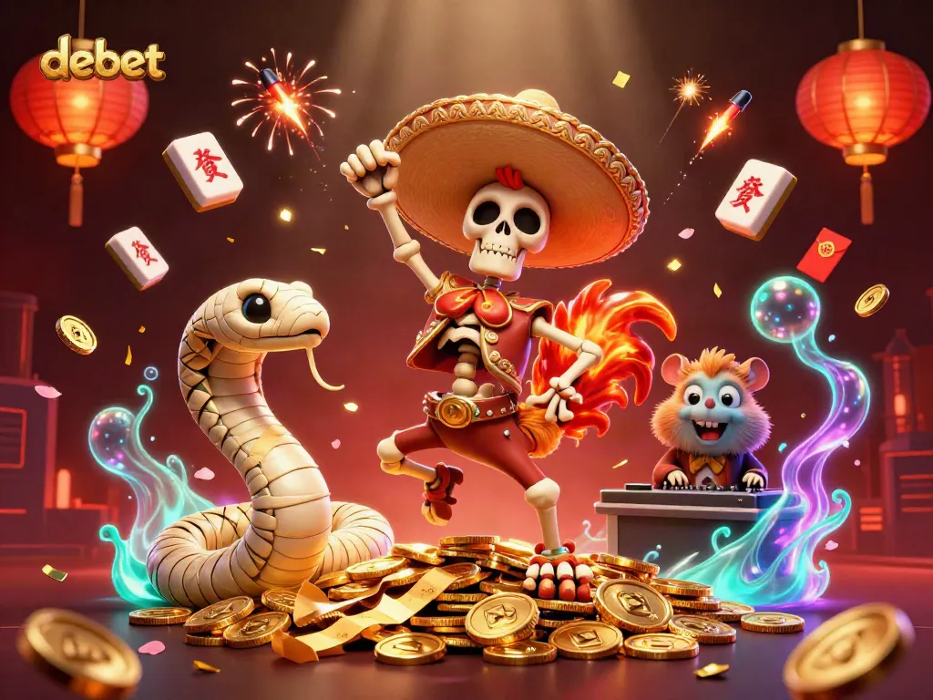 Engage in thrilling gameplay at debet's online casino, featuring vibrant characters amidst golden treasures.