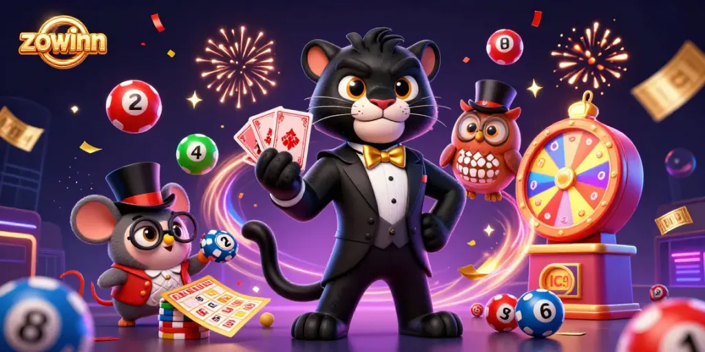Zowinn offers a playful 3D scene with a stylish panther, owl, and mouse amidst vibrant casino elements, engaging players with excitement.