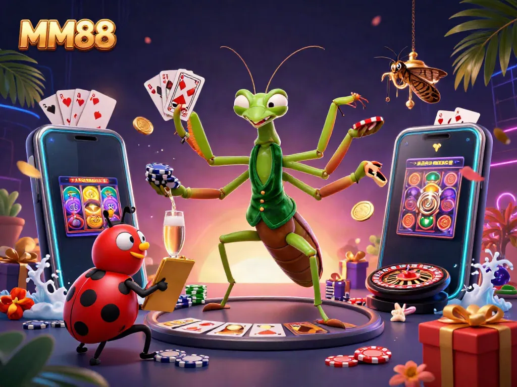 Experience the excitement of MM88 casino with a vibrant scene featuring characters engaged in fun gambling activities.