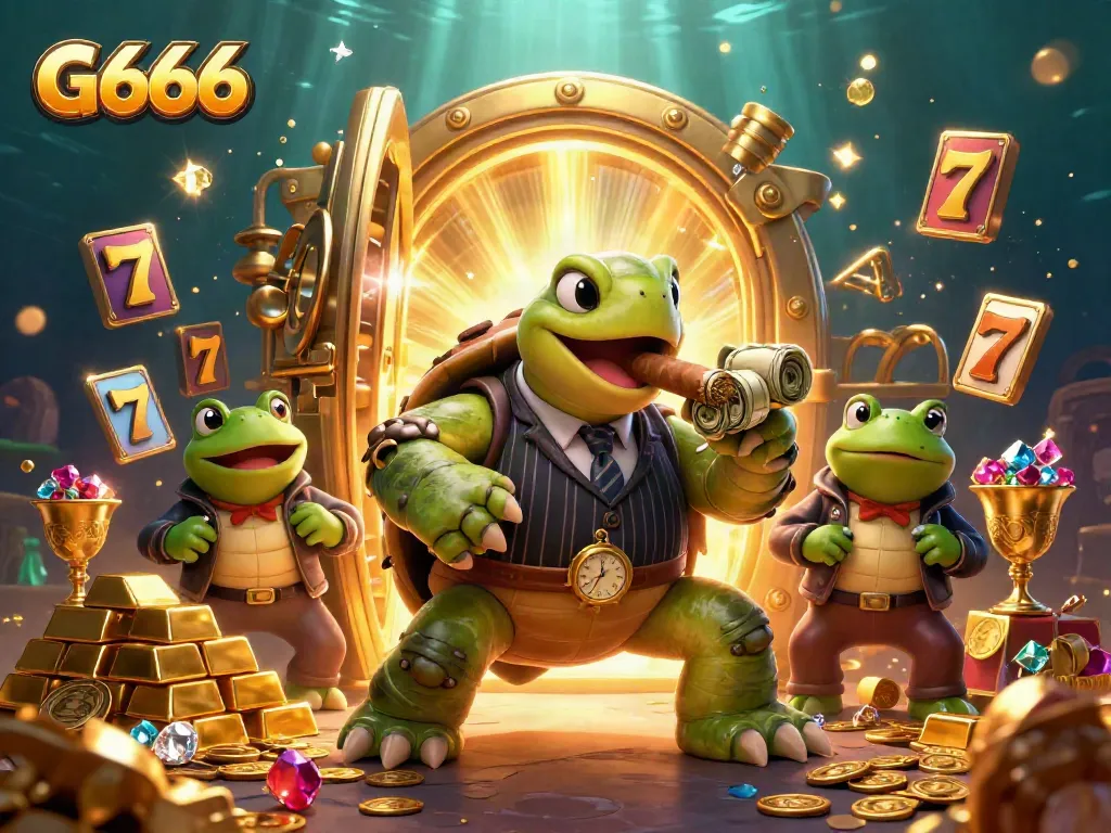 Experience thrilling casino action with G666, featuring a turtle in mobster attire and dynamic slot elements.