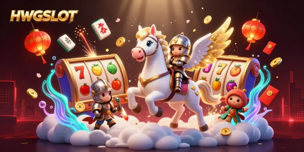 Experience thrilling gameplay at HWGSLOT with a celestial horse and knight amidst spinning slot reels and gold coins.