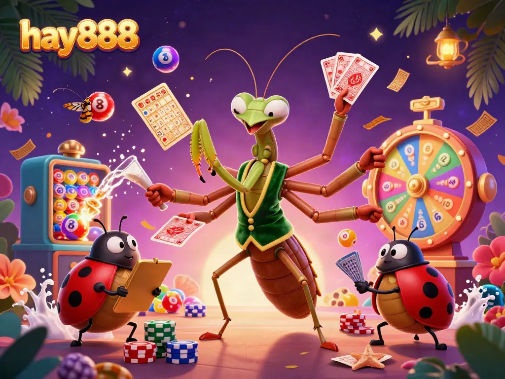 Experience excitement at hay888 with a vibrant casino scene showcasing a giant praying mantis dealing cards and lottery elements.