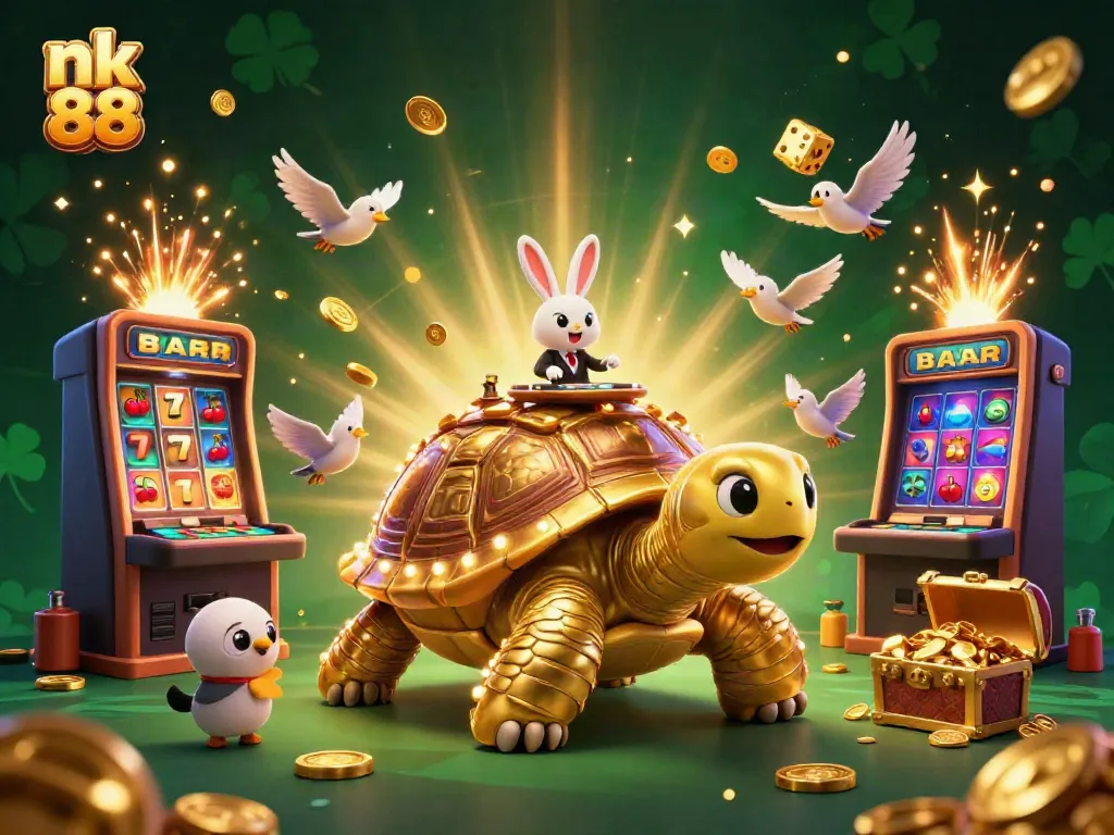 Experience the excitement of nk 88 with vibrant characters and casino elements in a lively illustration.