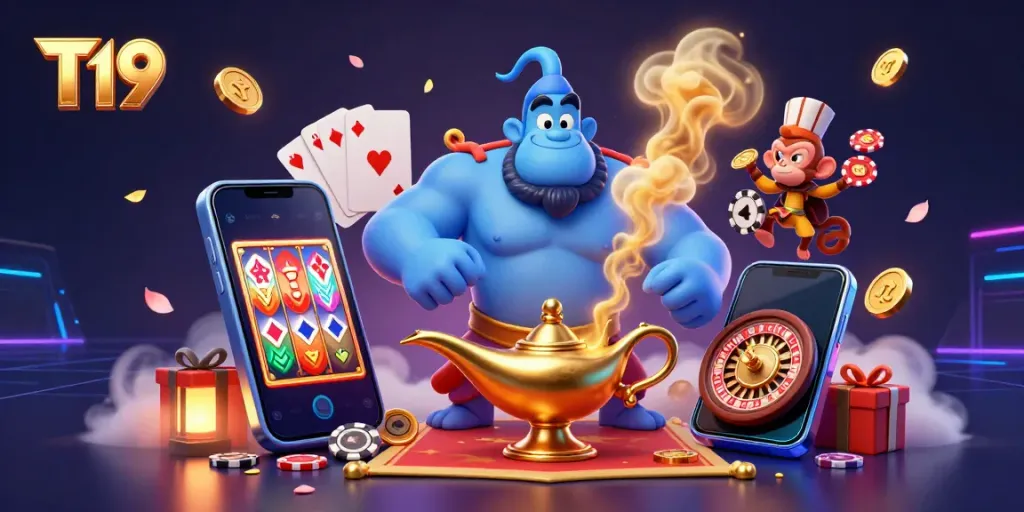 T19 delivers an energetic casino vibe with its animated genie, poker chips, and vibrant gaming elements.