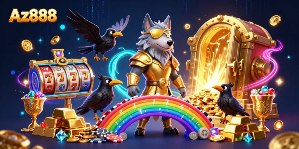 Az888 reveals an exciting scene with Odin and ravens amidst vibrant casino games.