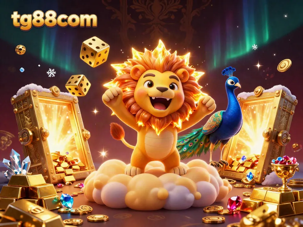 Experience the vibrant world of tg88com through this dynamic, illustrative casino scene featuring a golden lion, dice, and treasures.