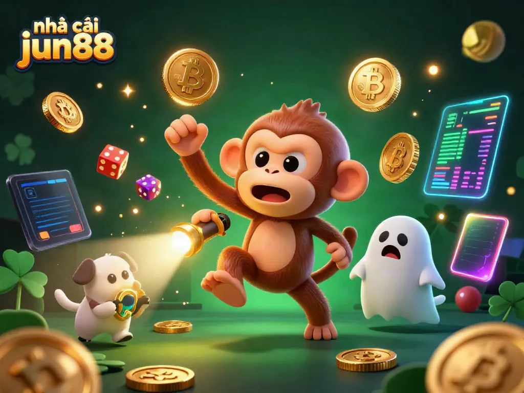 Engage with the lively scene at nhà cái jun88 featuring a playful monkey juggling coins in a haunted casino.