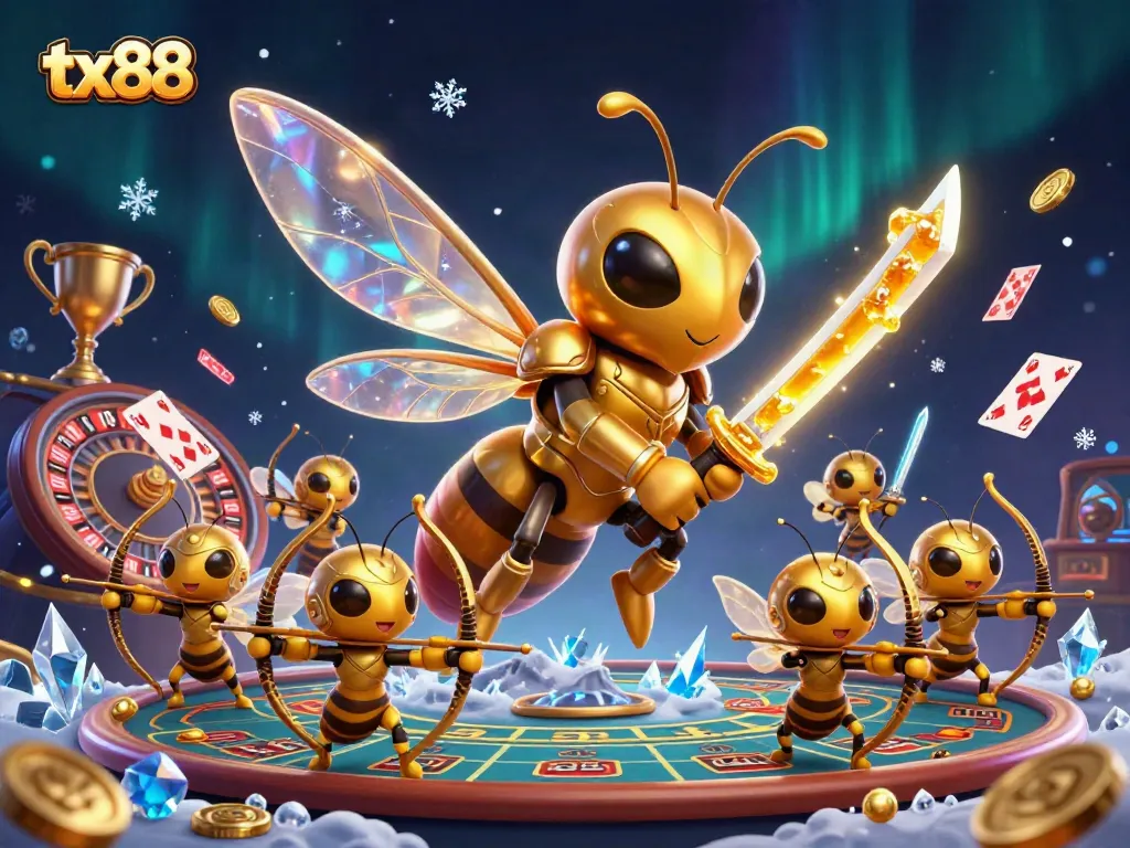 Experience thrilling live casino action with tx88, featuring a vibrant golden hornet in samurai armor surrounded by dynamic casino elements.