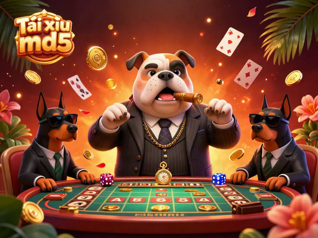 Experience the excitement of Tài xỉu md5 with a lively casino scene highlighted by a stylish bulldog and Doberman bodyguards.