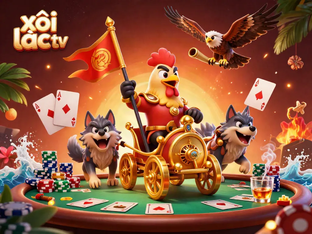 Experience high-stakes action with xôi lạc tv's dynamic casino scene featuring poker chips and a victorious rooster warlord.