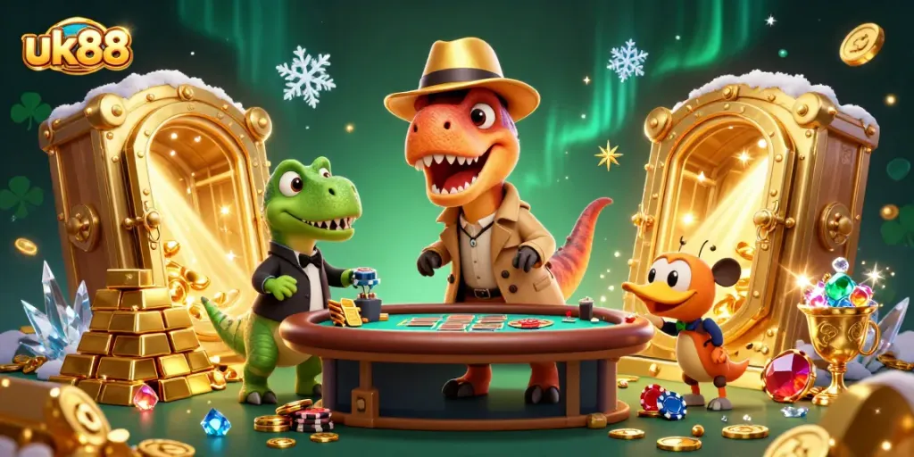 uk88 players enjoying a vibrant casino environment with chips and treasures at a blackjack table.