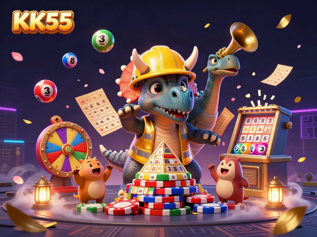 Experience thrilling gaming at KK55 with vibrant characters, lottery elements, and dynamic celebration.