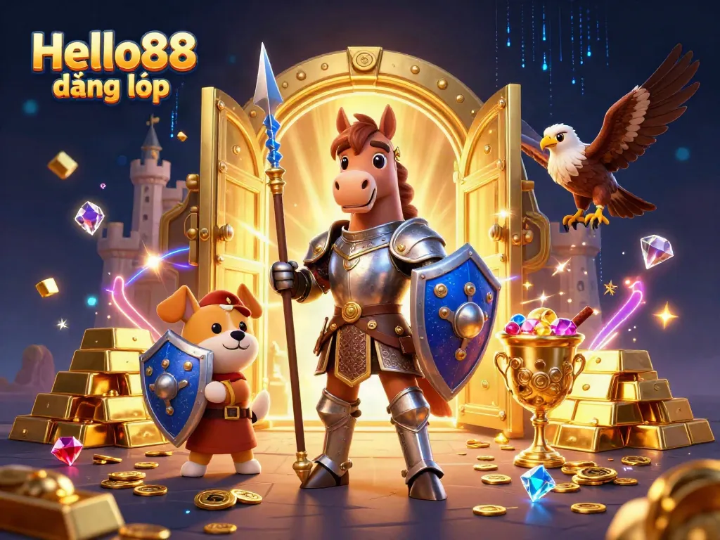 Engage in thrilling gaming action at Hello88 đăng nhập, featuring a knight, squire, and falcon amid treasures.