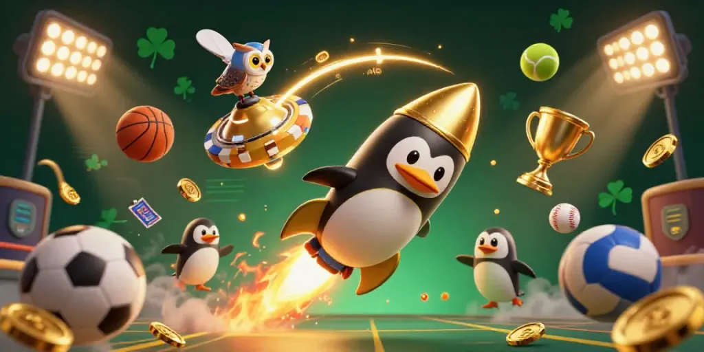 Experience the thrilling world of rickvip with a golden penguin and casino elements in space.