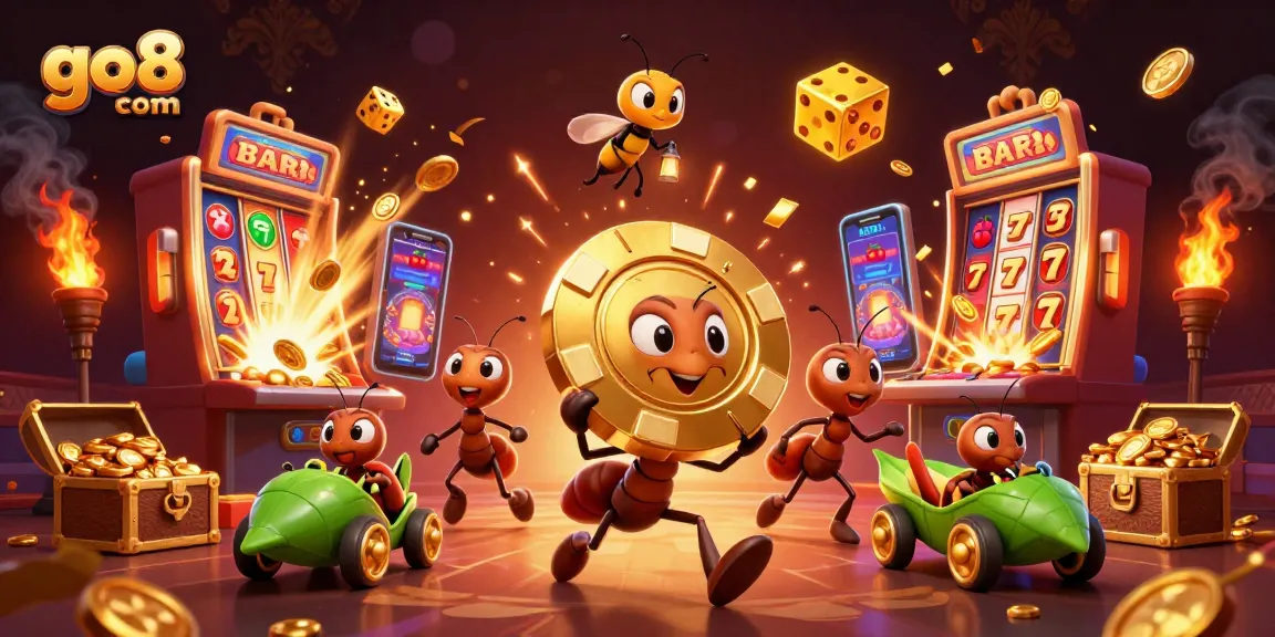 Engage with go8 com's vibrant 3D cartoon heist scene showcasing ants, poker chip, and jackpot slots.