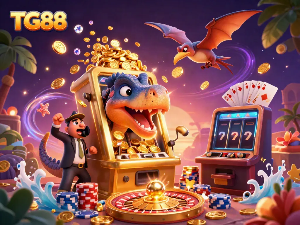 Experience TG88's exciting jackpot action featuring a dinosaur character and golden coins in dynamic gameplay.