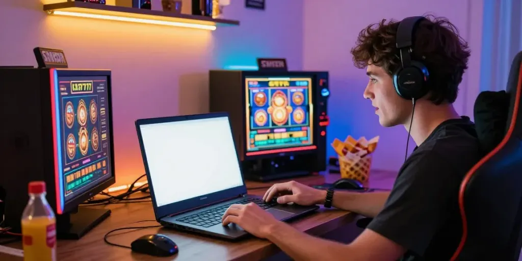 Exciting gamer enjoying a slot777 session with colorful lighting and snacks.