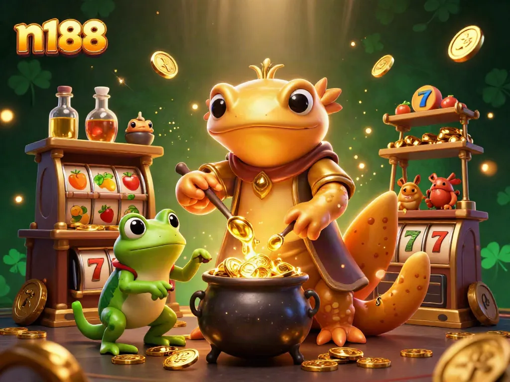 Engage with n188's jackpot excitement featuring a golden salamander alchemist and vibrant slot elements.