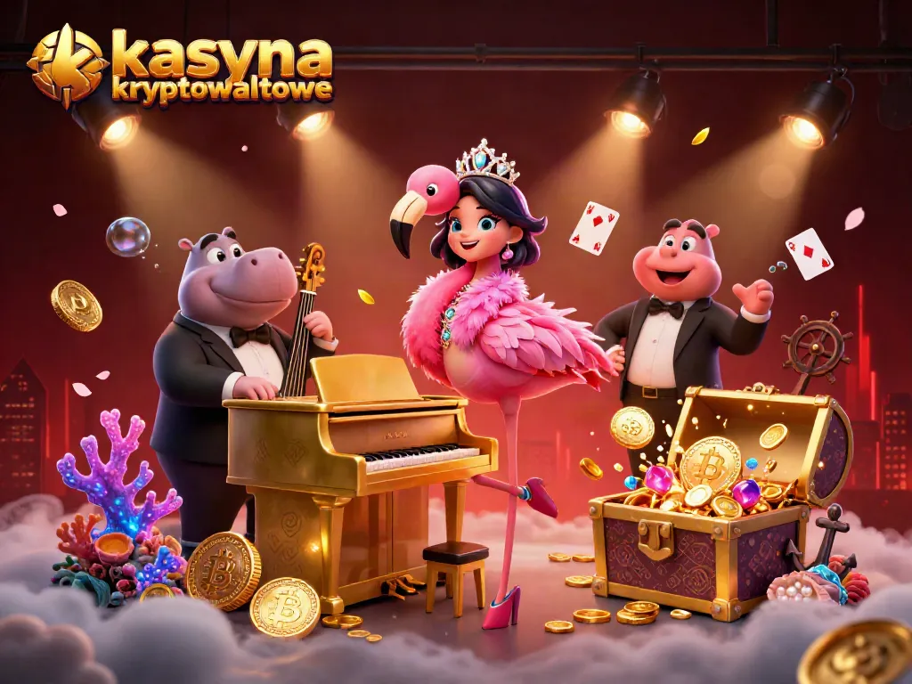 Playing in kasyna kryptowalutowe with cartoon characters and blockchain elements amidst vibrant casino-themed scenery.