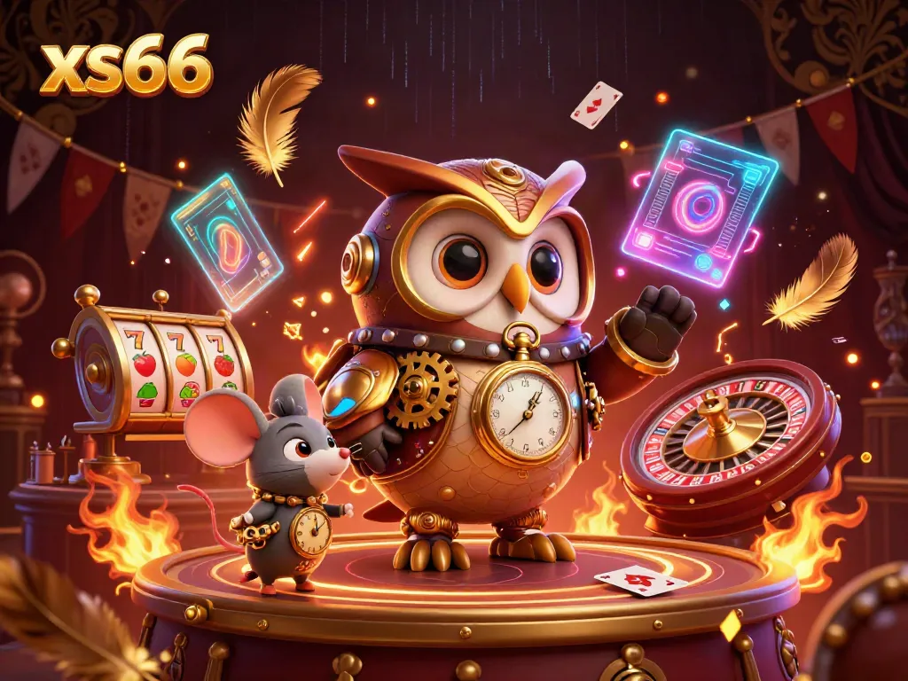 Spin the reels with xs66 in a steampunk-themed casino featuring vibrant characters and dynamic elements.