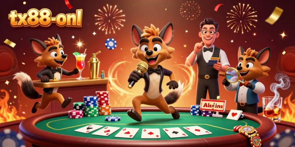 Engage in vibrant casino fun with tx88-onl featuring animated hyenas in a lively comedy club setting.