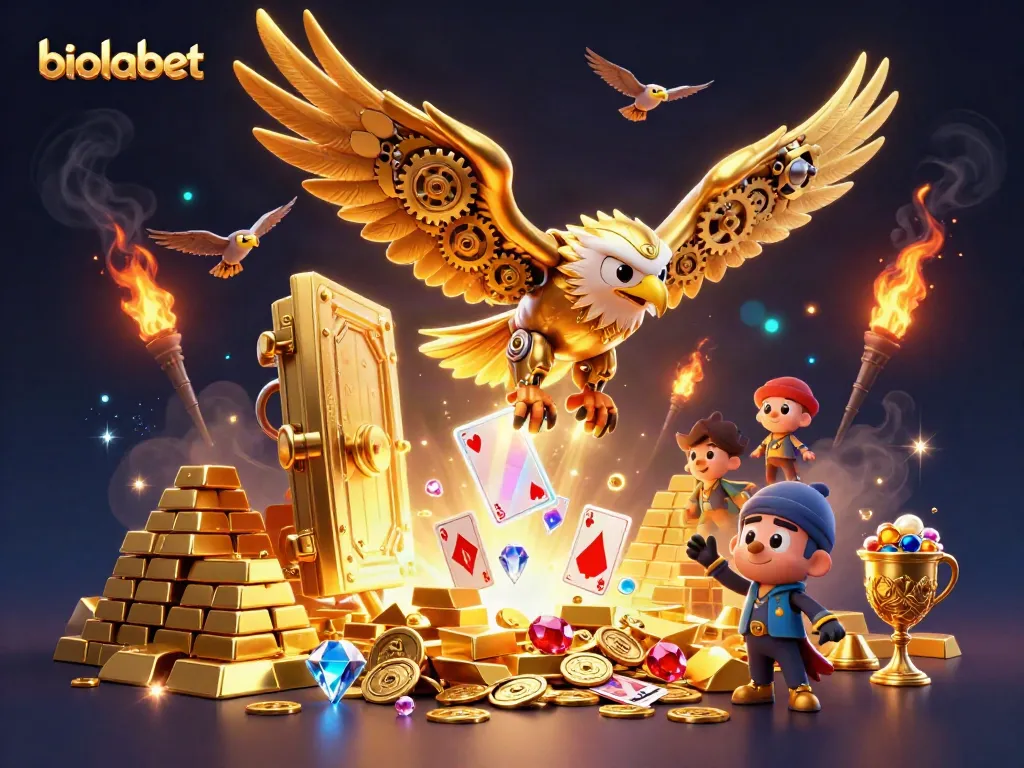 Engage in thrilling gameplay with biolabet as a golden eagle soars through holographic cards.