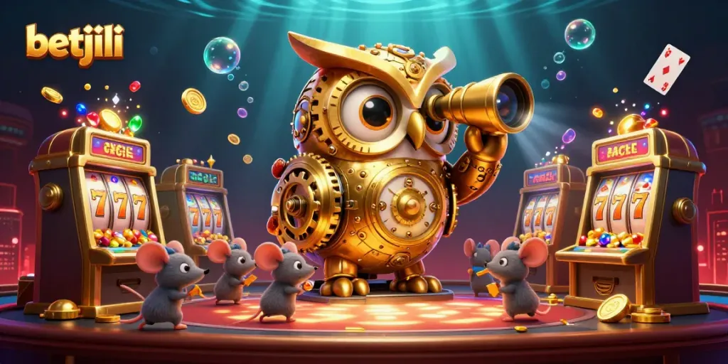 betjili casino scene featuring a golden owl and playful mice amidst colorful slots and treasures