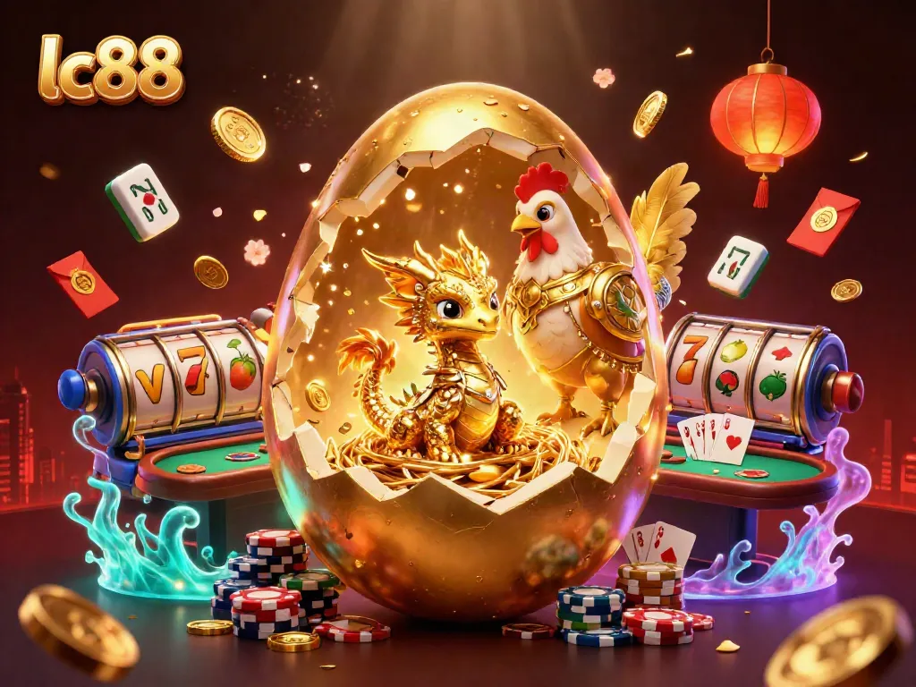 Spin the reels at lc88 casino featuring a golden dragon guarding poker chips, vibrant and festive atmosphere.