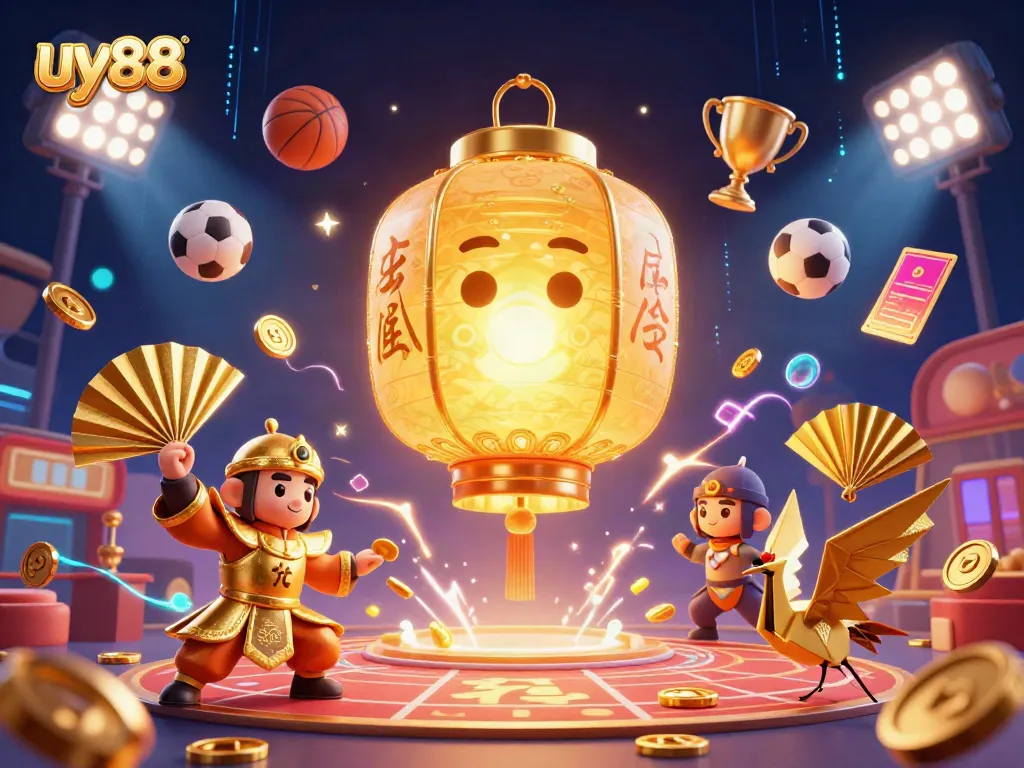 Experience the thrill of uy88's vibrant casino atmosphere with flying sports balls and glowing golden elements.