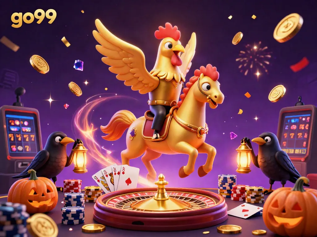 Experience the thrill of go99 with a vibrant casino scene featuring golden rooster and spirited characters.