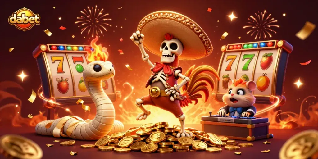 Spin the reels with Dabet's vibrant slot scene featuring dancing characters and festive elements.
