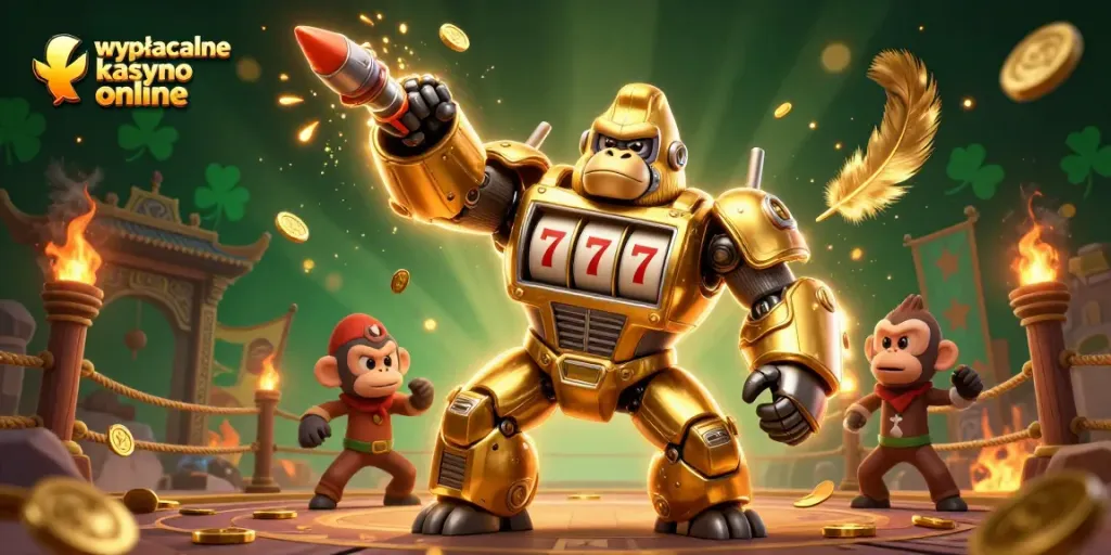 Engage with wypłacalne kasyno online showcasing a golden gorilla mech amidst vibrant casino elements.