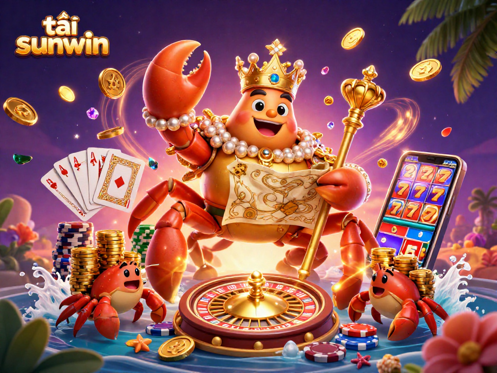 Engage with the thrilling action of tải sunwin through a vibrant 3D casino scene featuring a golden crab emperor and treasures.
