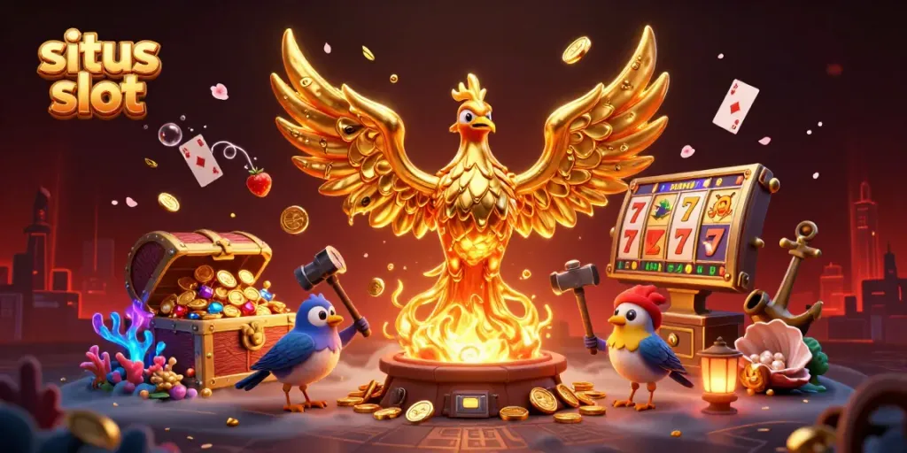 Visualisasi dinamis dari situs slot dengan karakter phoenix dan elemen permainan yang berkilau.
