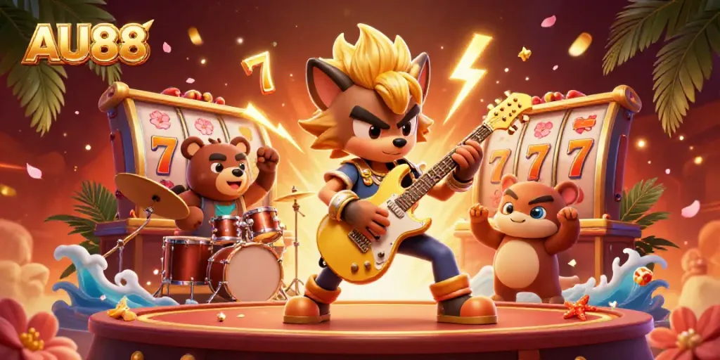 Experience the vibrant excitement of AU88 with lively 3D characters celebrating wins in a rich casino scene.