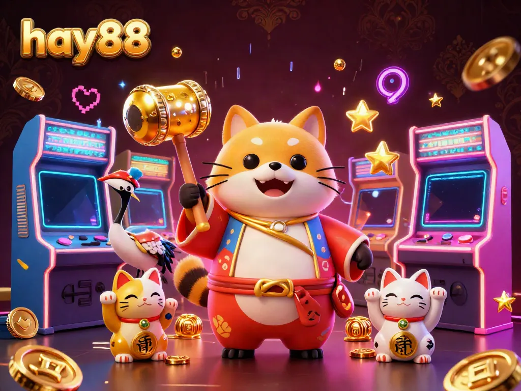Experience the vibrant world of hay88 with dynamic characters and neon arcade elements.