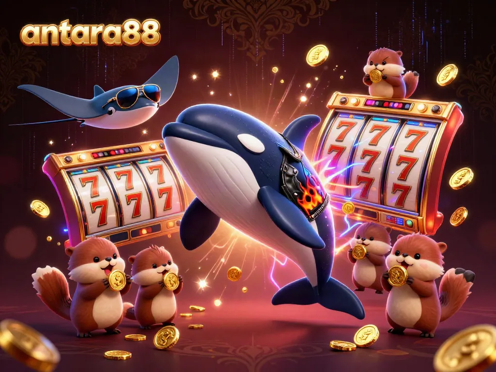 Experience thrilling wins with antara88's dynamic slots scene, featuring lively characters and vibrant casino elements.