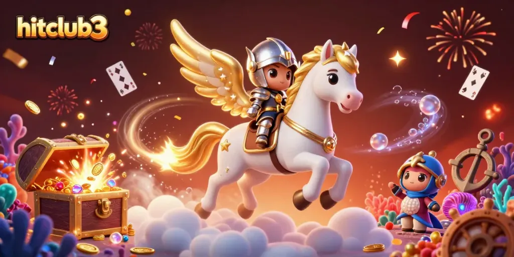 Experience hitclub3 with dynamic gaming action featuring a celestial horse, confetti, gold coins, and magical energy.
