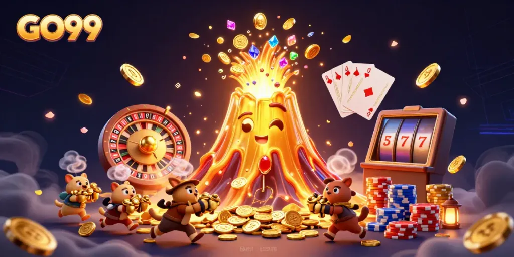 Experience the thrill of GO99 with a triumphant golden volcano erupting coins and gems in this vibrant casino scene.