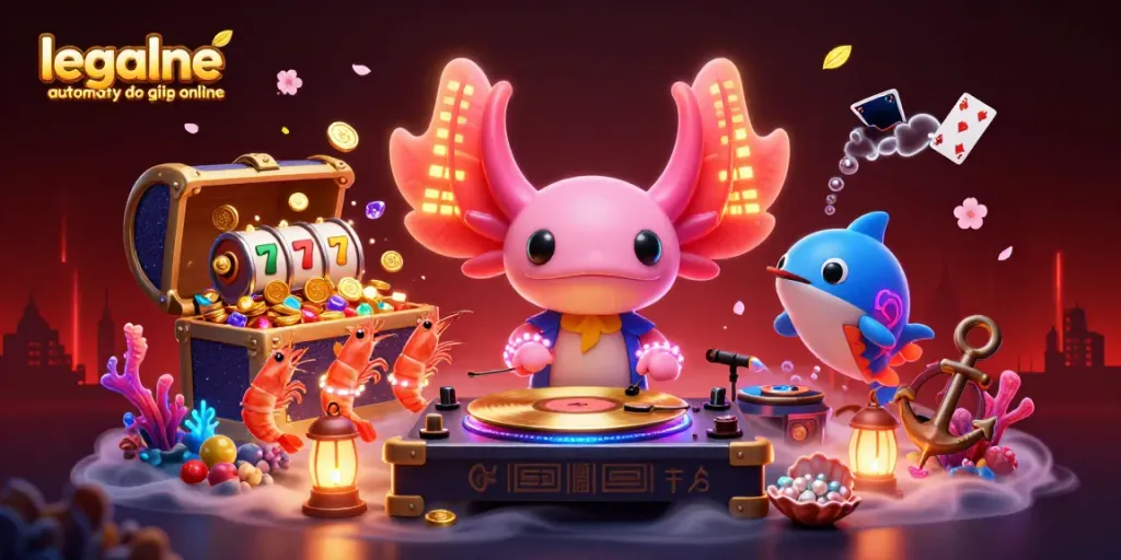 Engage with legalne automaty do gier online in a vibrant 3D casino scene featuring colorful characters and slot game elements.
