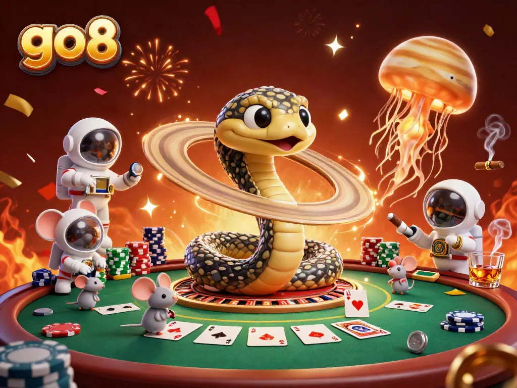 Experience the excitement of go8 with a cosmic-themed casino illustration featuring a Saturn ring snake and astronaut mice at a roulette wheel.