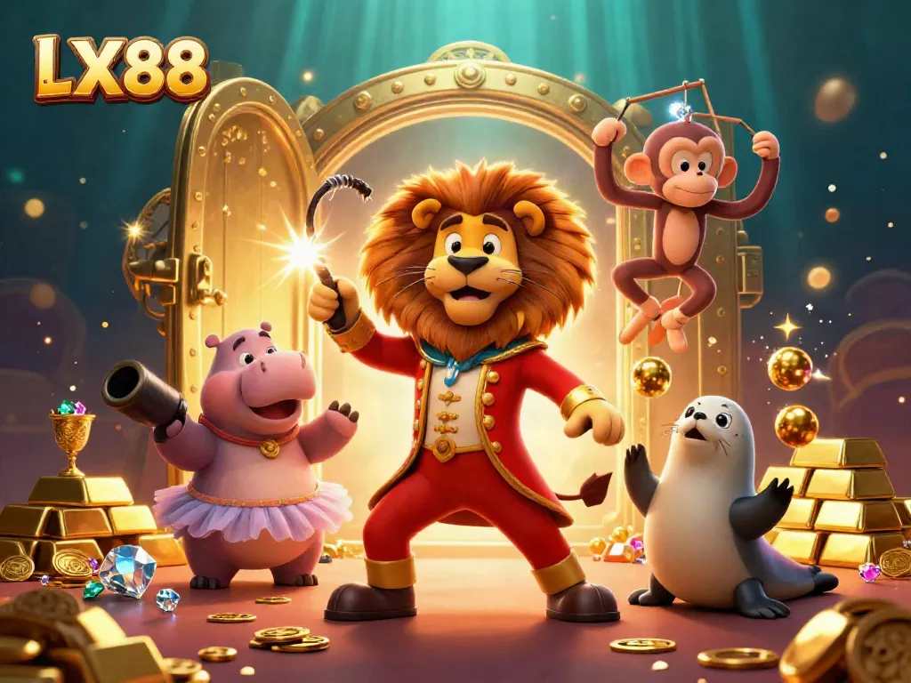 Experience the thrilling world of LX88 with vibrant circus characters amidst a treasure-filled casino scene.