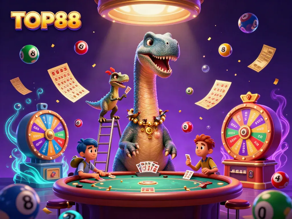TOP88 illustration of a giant brontosaurus in a casino scene with vibrant gambling elements