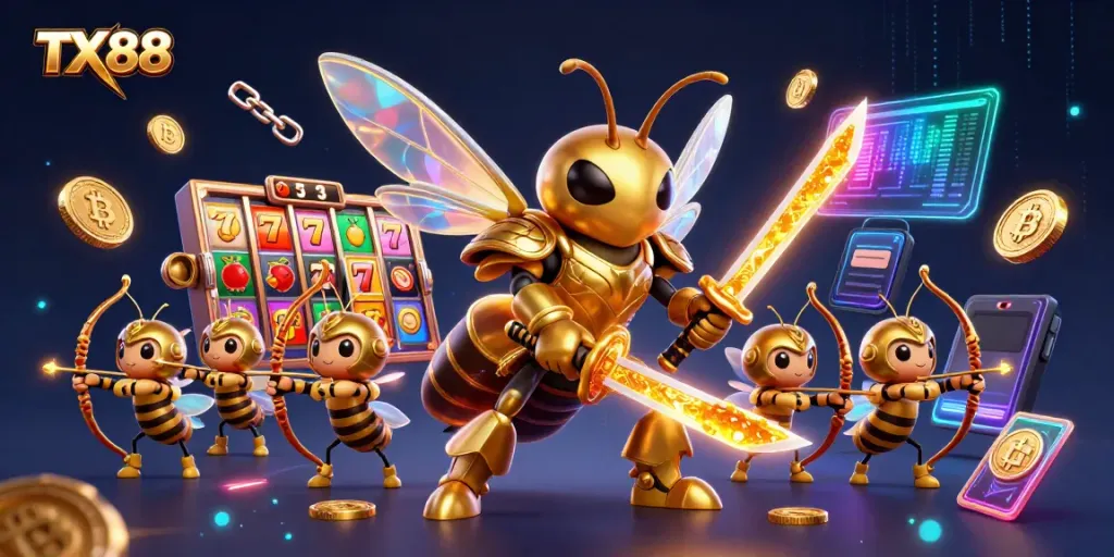 Experience the excitement of TX88 with a dynamic 3D illustration featuring a golden hornet in samurai armor celebrating casino wins.