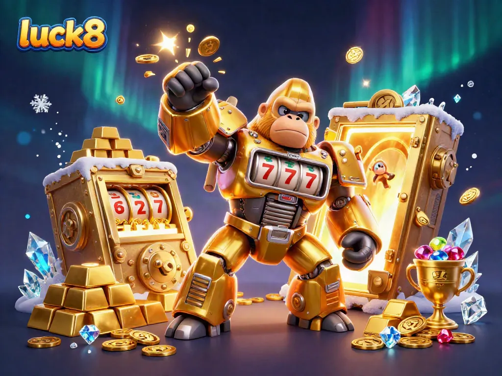 Spinning slot reels in luck8's golden gorilla mech create explosive winning moments with treasures surrounding.
