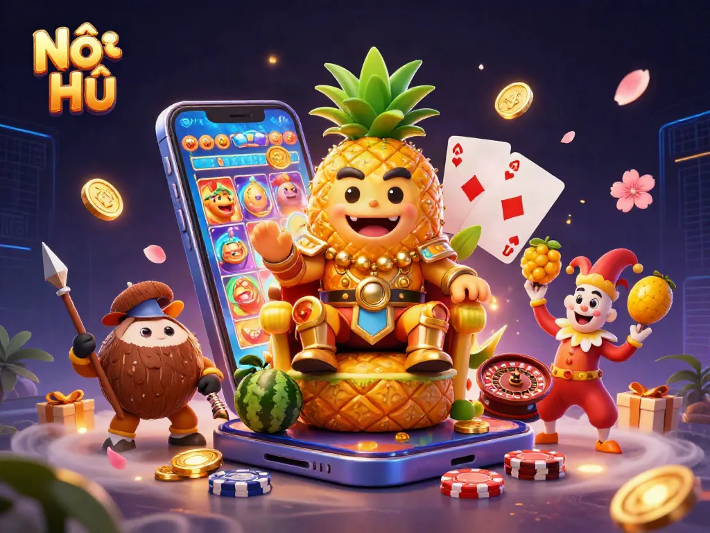Nổ Hũ action scene with a golden pineapple king and vibrant casino elements like slot games and coins.