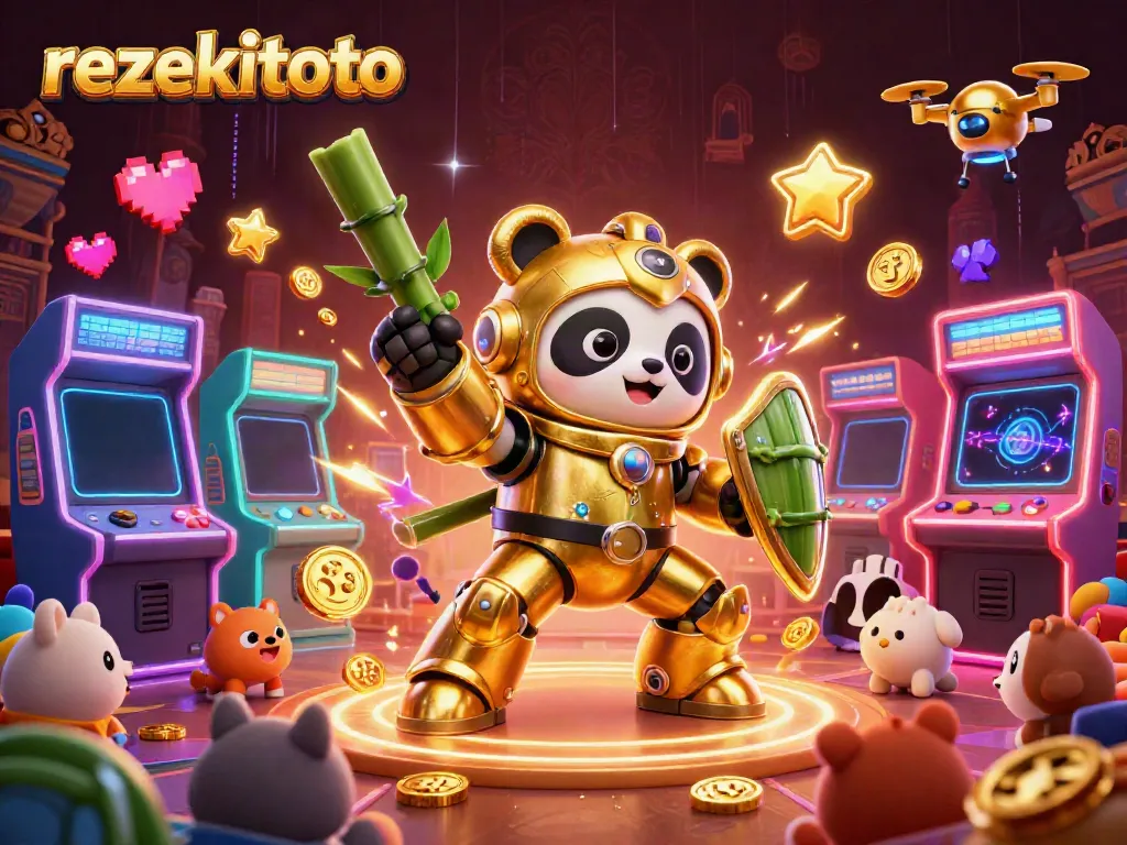 Experience thrilling gameplay at rezekitoto featuring a panda in a mech-suit battling in a vibrant casino arena
