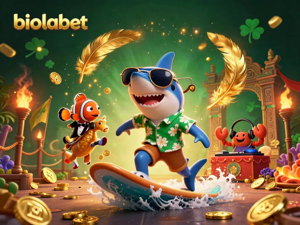 Experience biolabet adventures with a shark, clownfish, and DJ crab in a vibrant casino scene.