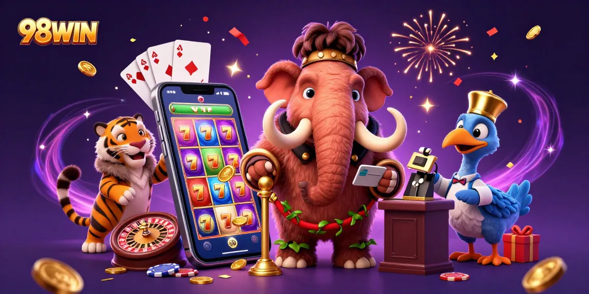 Engage with 98WIN at a vibrant casino scene featuring unique characters and exciting game elements.
